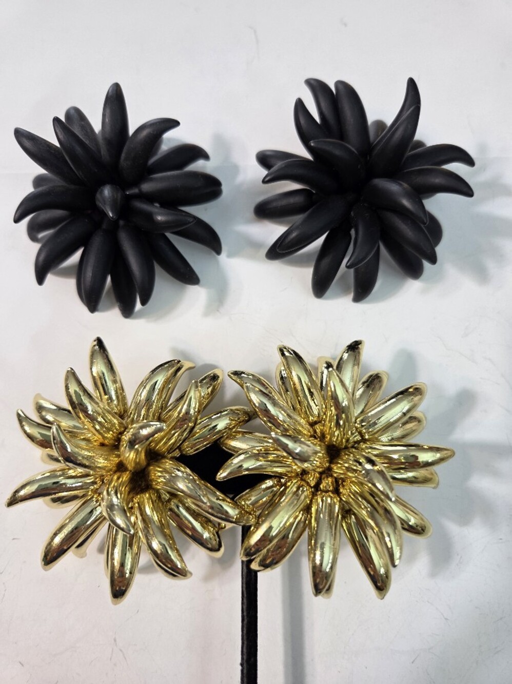 mid century italian gilded plastic Gold and Black Floral Clip-On Earrings huge